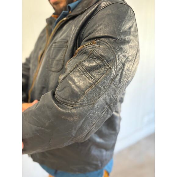 RARE 1970s French Air Force Pilot Blouson K6 Leather Jacket (Dark Navy) - Picture 8 of 14